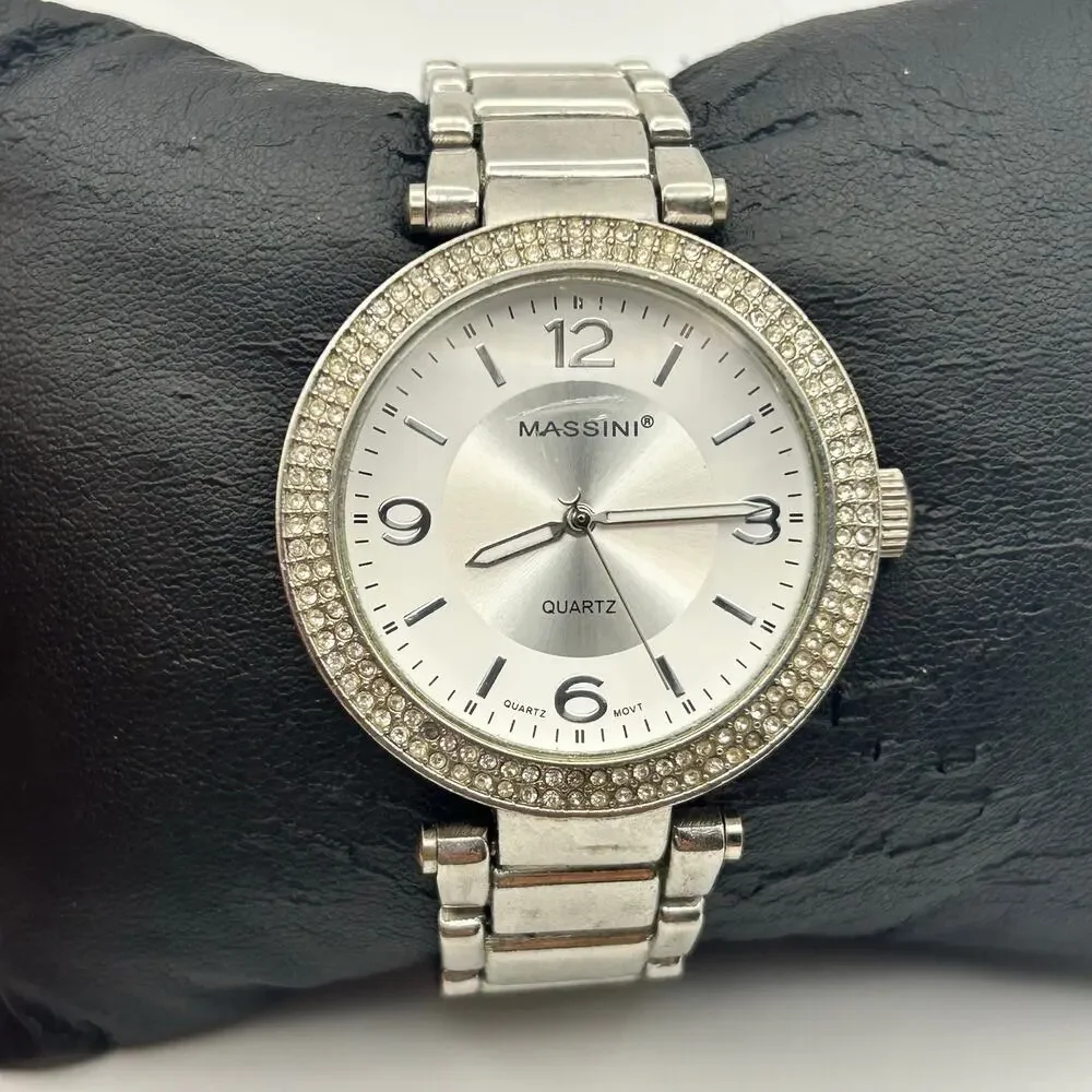 Massini Silver-tone Crystal Bezel Quartz Watch Working New Battery